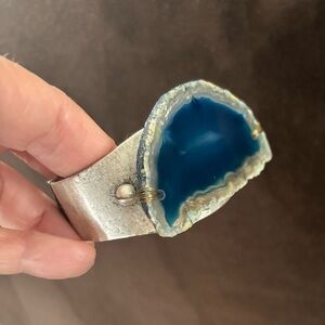 Bohemian Blue Agate Slice Hinged Bracelet, Metal Cuff, Boho, Stone, Edgy,Cowgirl